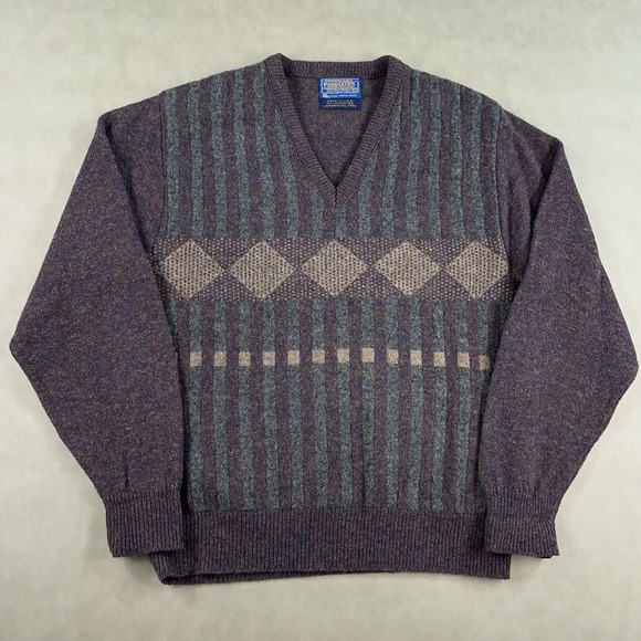 Vintage 80s Men's Pendleton V-neck Sweater Imported Lambswool Yarn USA Medium - Picture 2 of 10